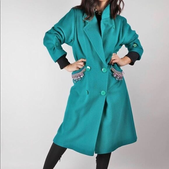 Green Ladies Jeweled Wool Coat size Large - Picture 1 of 8